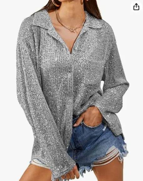 Elegant Sequin Embellished Collared Shirt for Stylish Women  S Gray 