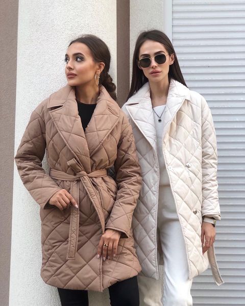 Rhombus Cotton Padded Mid-Length Collared Autumn Winter Street Women Coat Waist-Controlled Pocket Cotton Padded Coat for Women - Wild Amber Fashion