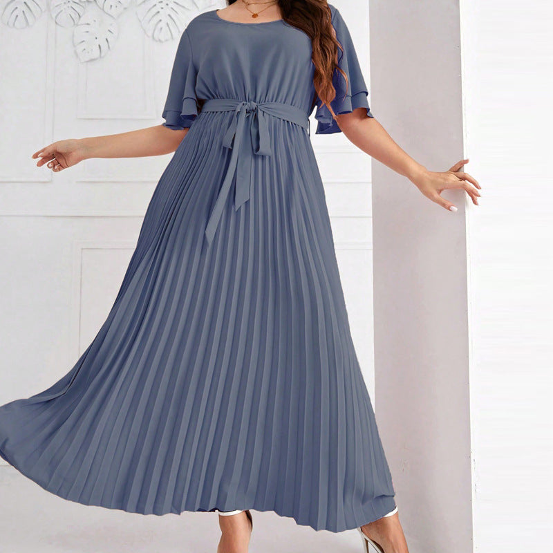 Plus Size Summer Square Collar Large Swing Dress Elegant Short Sleeve Lace up Slimming Pleated Dress - Wild Amber Fashion