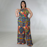 Plus Size Women Clothing Casual Halterneck Printed with Belt Jumpsuit - Wild Amber Fashion