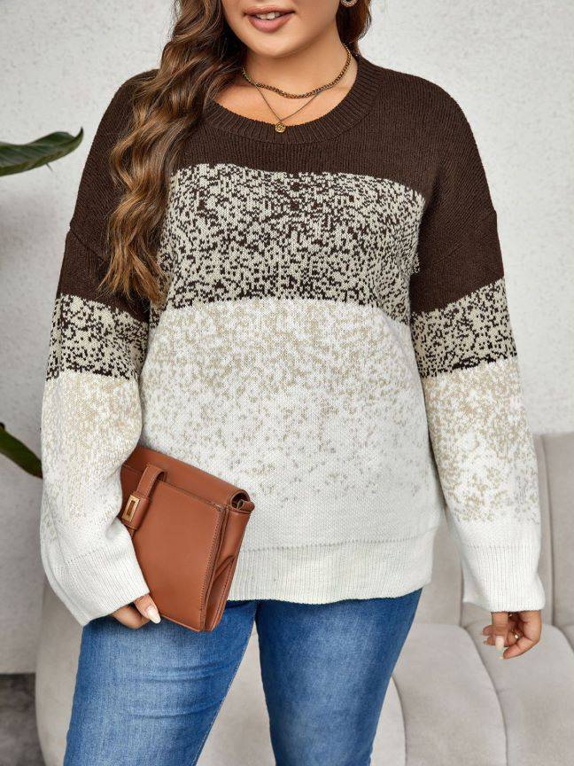 Plus Size Autumn Winter Color Matching Multi Color round Neck Clothing - Wild Amber Fashion