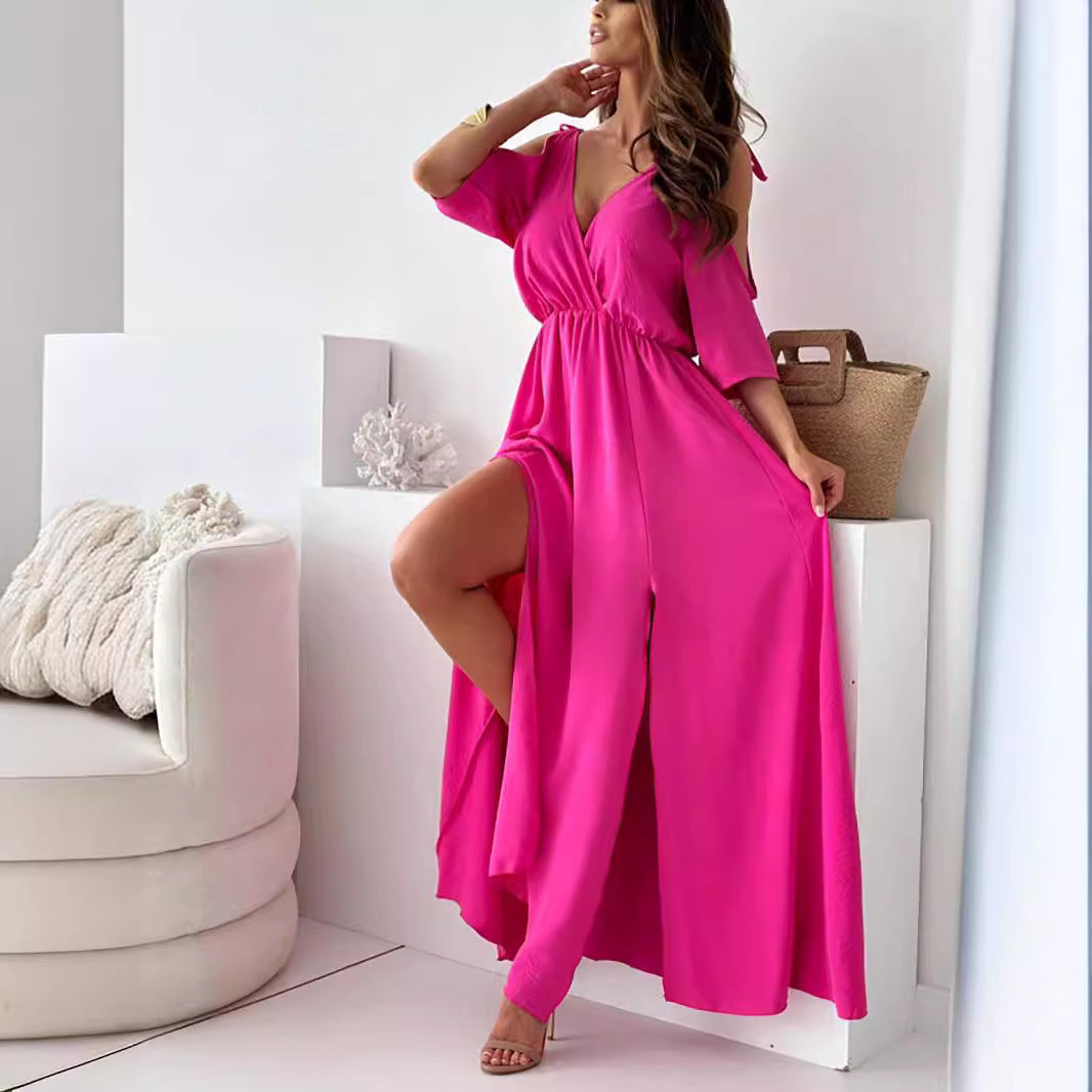 Women Clothing Solid Color Sexy Sling Half Sleeve Mid Length Dress - Wild Amber Fashion