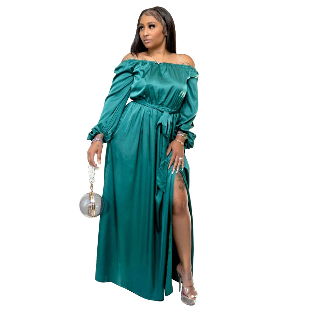 Plus Size Women Sexy Chest Wrapped off Shoulder Lace up Large Dress Lantern Sleeve Dress - Wild Amber Fashion