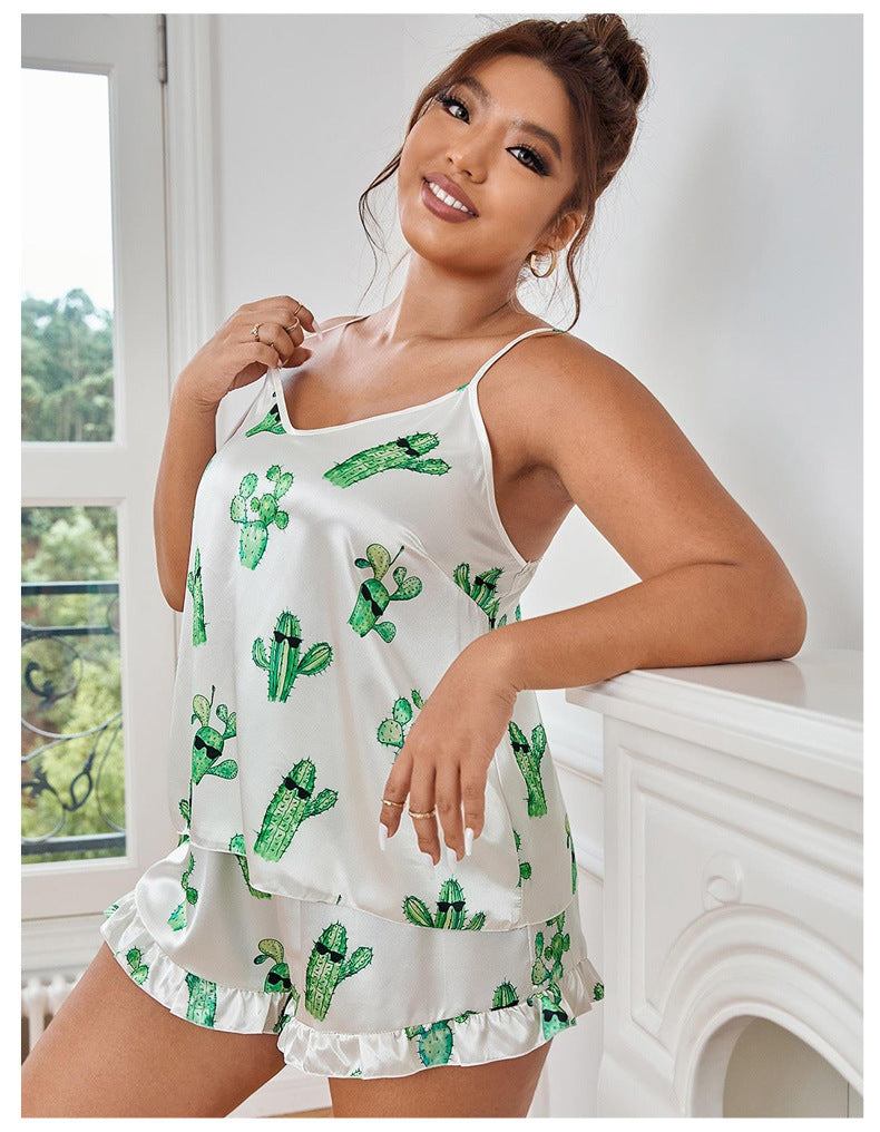 Plus Size Backless Strap Pajamas Women Simple Cactus Suspender Shorts Seit Casual Loose Home Wear - Wild Amber Fashion