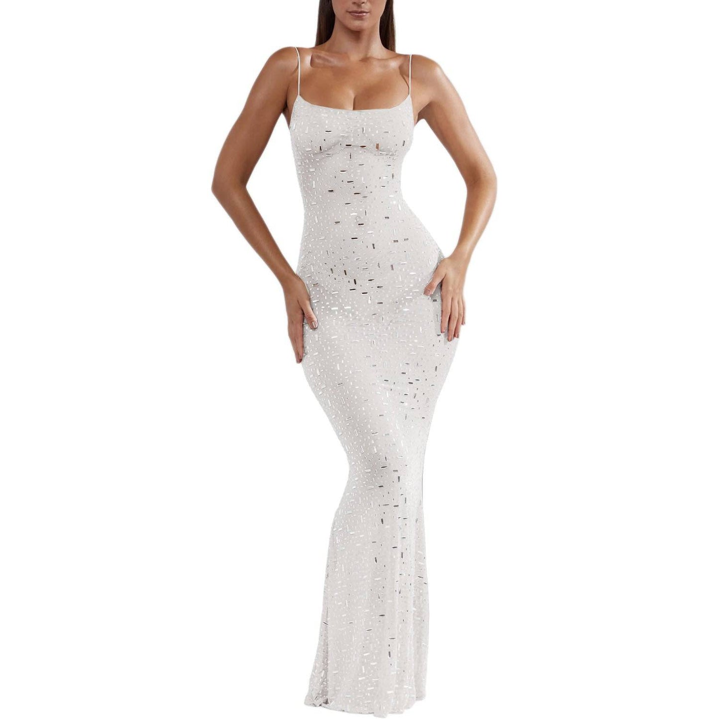 Light Diamond Sexy Sling Mermaid Dress with Rhinestone and Lace Detail  S White 