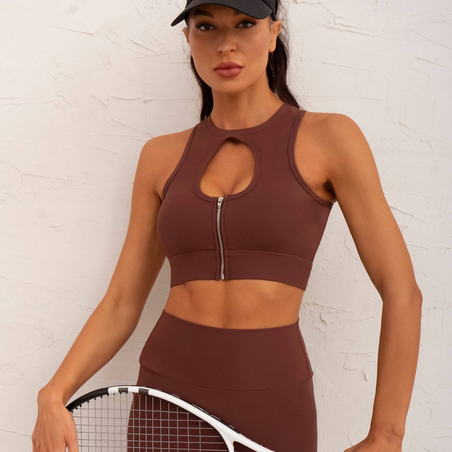 High Strength Shockproof Sports Bra with Cutout and Zipper  S Cappuccino Coffee Sleeveless Vest 