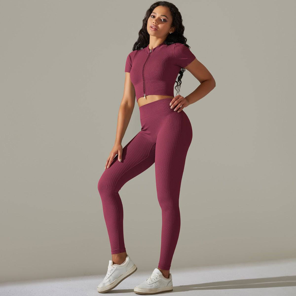 Peach Hip High Waist Seamless Yoga Set  S Wine Red 