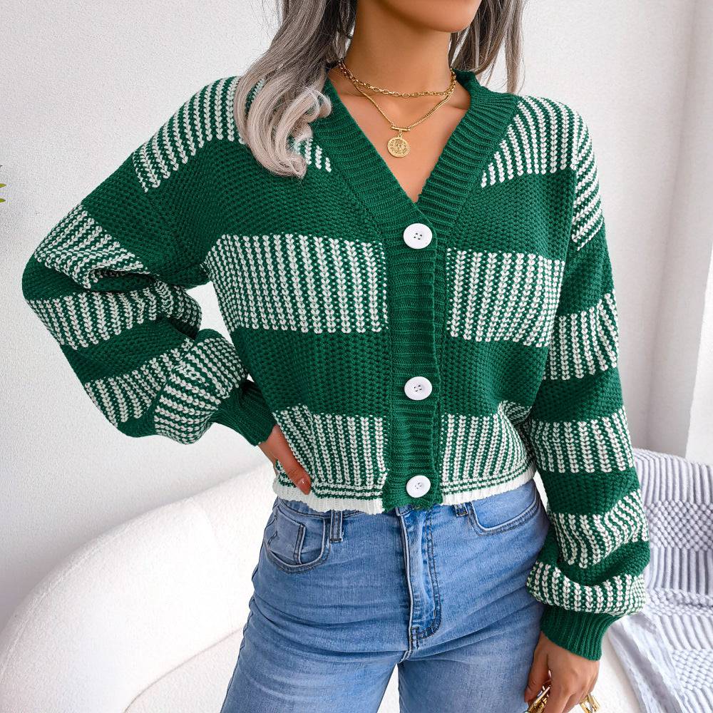 Striped Lantern Sleeve Cardigan Sweater for Women  S Green 