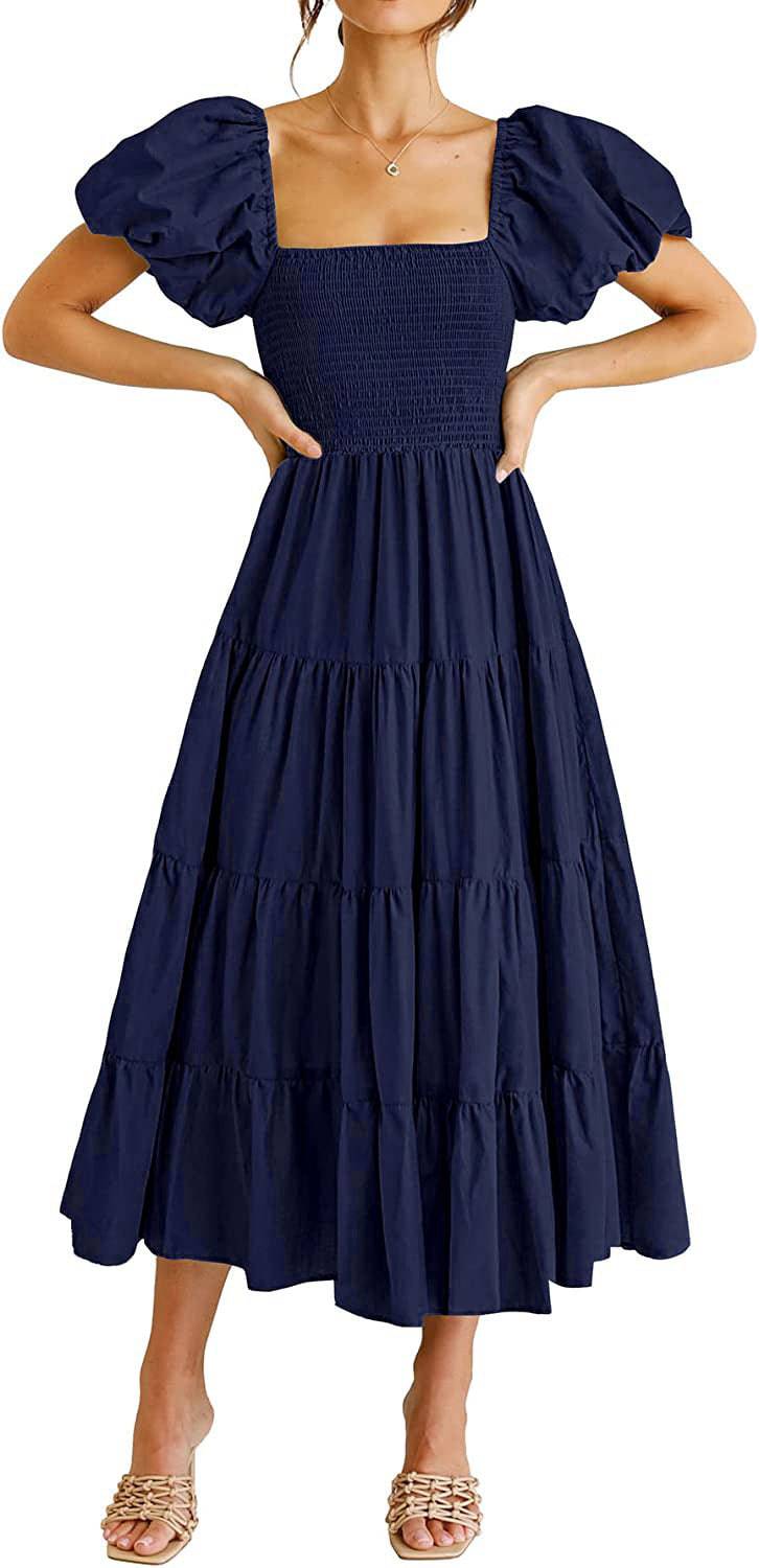 Square Neckline Backless Puff Sleeve Summer Maxi Dress  S Navy Blue 