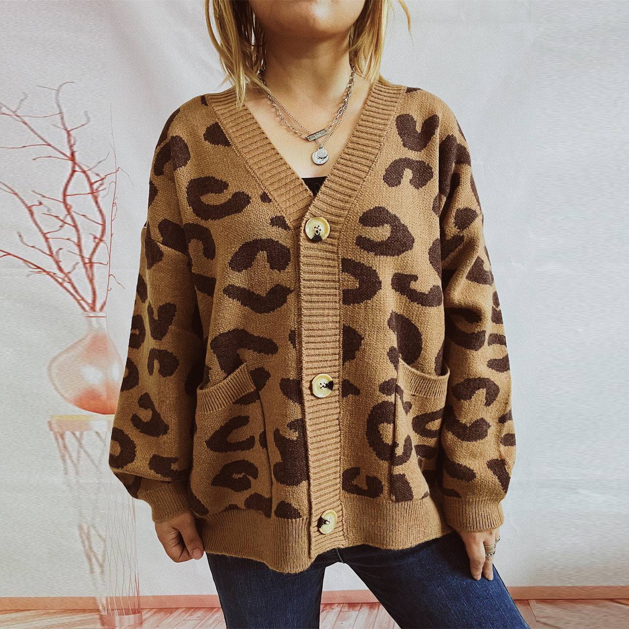 Leopard Print Knitted Sweater Coat for Stylish and Comfortable Winter Fashion  S Khaki 