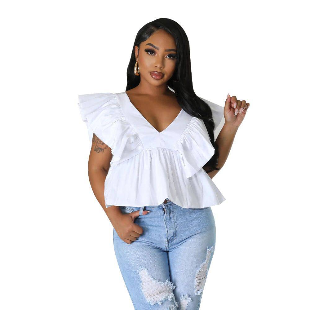 Elegant V-Neck Backless Lace-Up Flutter Sleeve Top  S White 