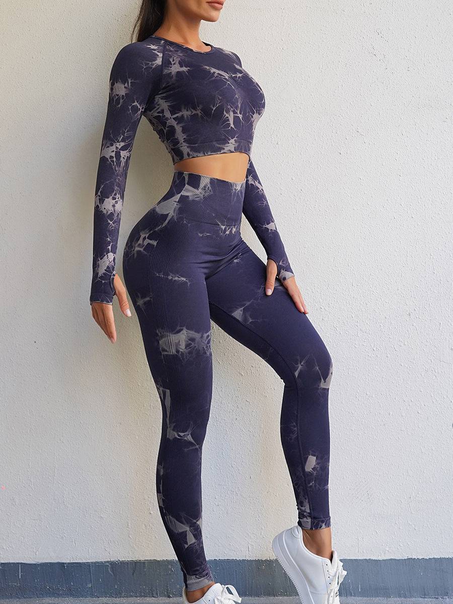 Tie Dye Yoga Set for Women: High Waist, Slim Fit, Long Sleeve Sports Suit  S Black Two-Piece Set 