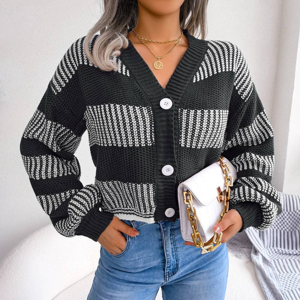 Striped Lantern Sleeve Cardigan Sweater for Women  S Black 