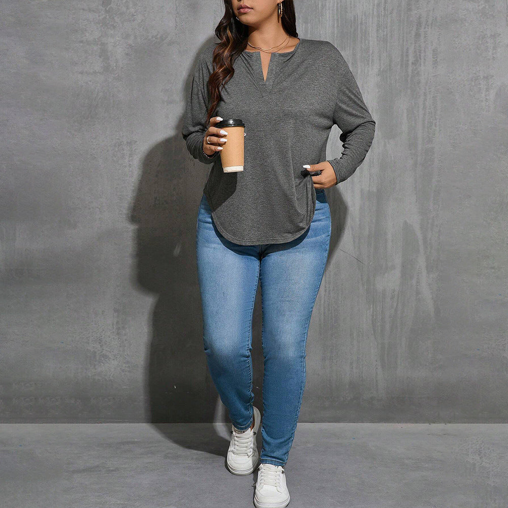 Plus Size Women Clothing V neck Simplicity T shirt Autumn Winter Gray All Match Loose Slimming Bottoming Top - Wild Amber Fashion