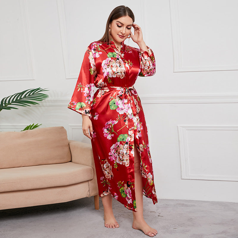 Plus Size Women Artificial Silk Satin Long Sleeved Pajamas Plump Girls Wearable Home - Wild Amber Fashion