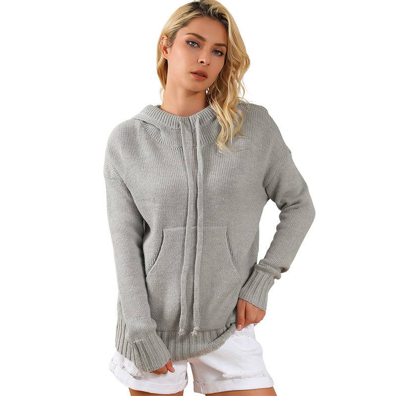 Hooded Knitwear with Drawstring Pocket for Women  S Gray 