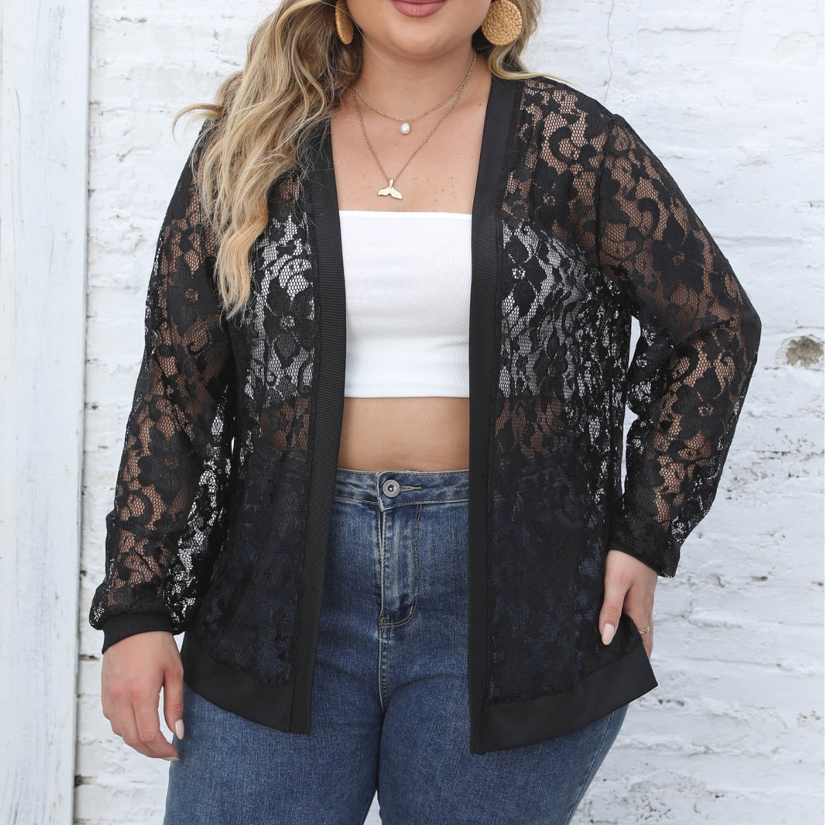 Plus Size Women Clothes Sexy Mesh See Through Casual Outerwear Spring Autumn Cardigan Coat - Wild Amber Fashion