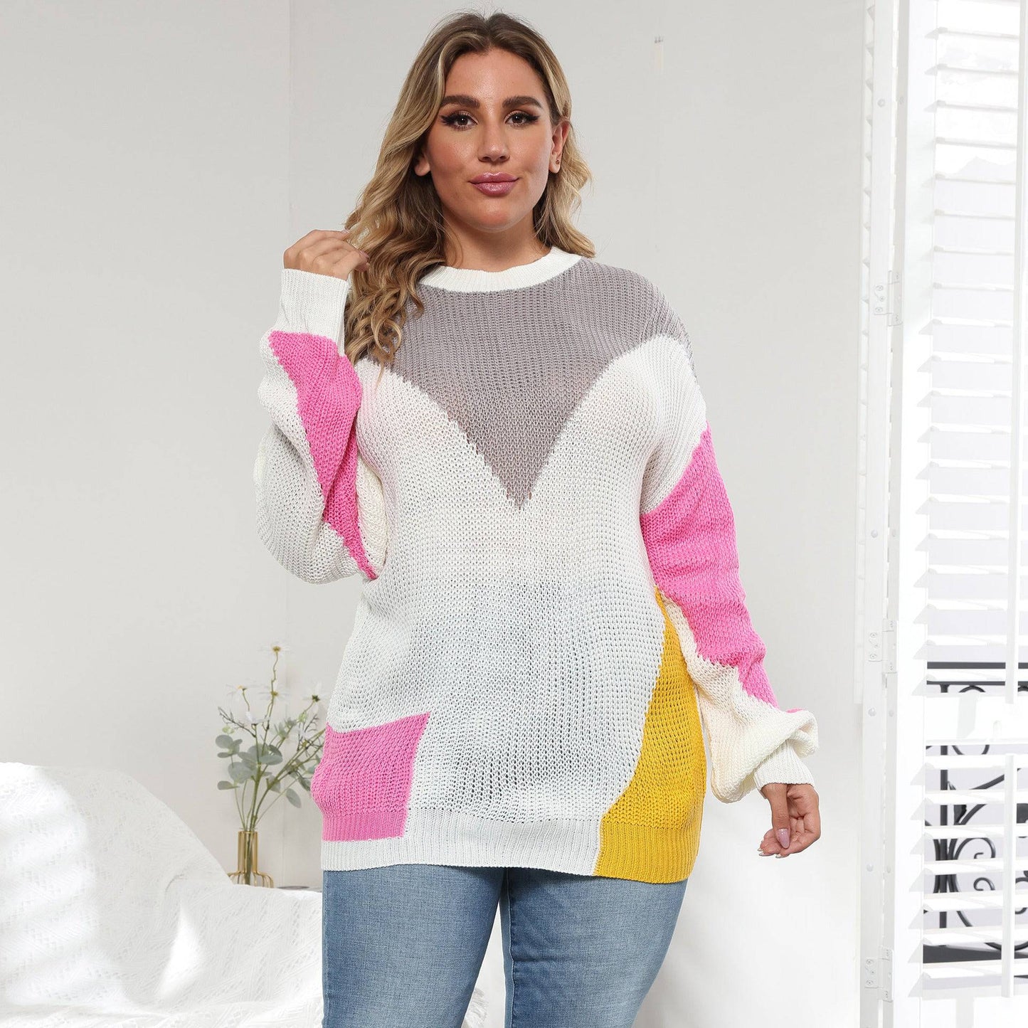 Plus Size Women Clothes Color Contrast Patchwork Loose Casual Pullover Sweater - Wild Amber Fashion