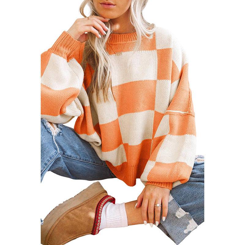 Cozy Plaid Print Crew Neck Sweater for Women  S Orange 