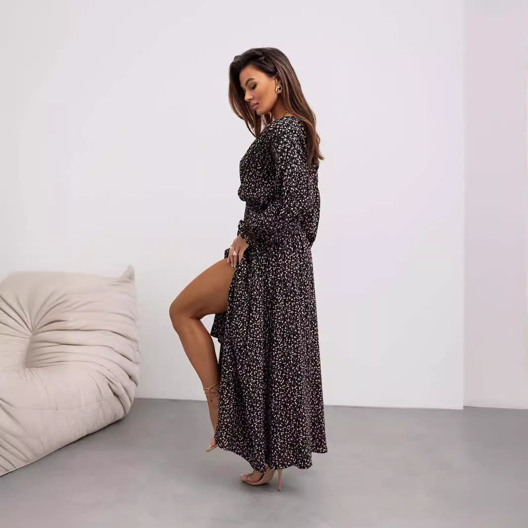 Women Clothing Women Clothing Printed V Neck Sexy Slit Long Sleeve Dress - Wild Amber Fashion