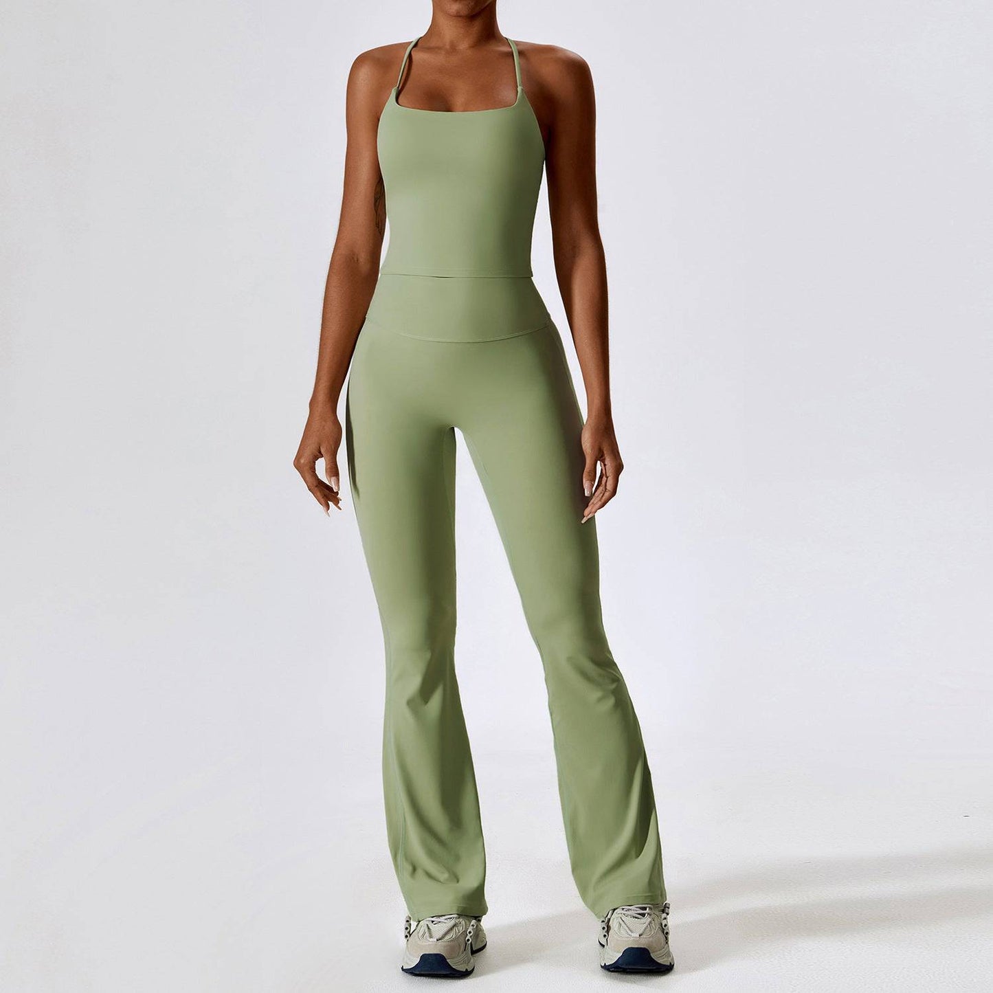 Shockproof Nude Feel Yoga Suit - Women's Quick Drying Fitness Set  S Vest Trousers Bean Green 