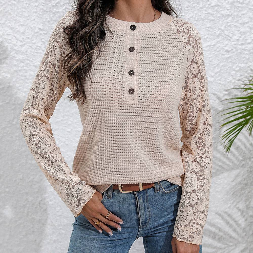 Sexy Lace Stitched Round Neck Top for Women  S Apricot 