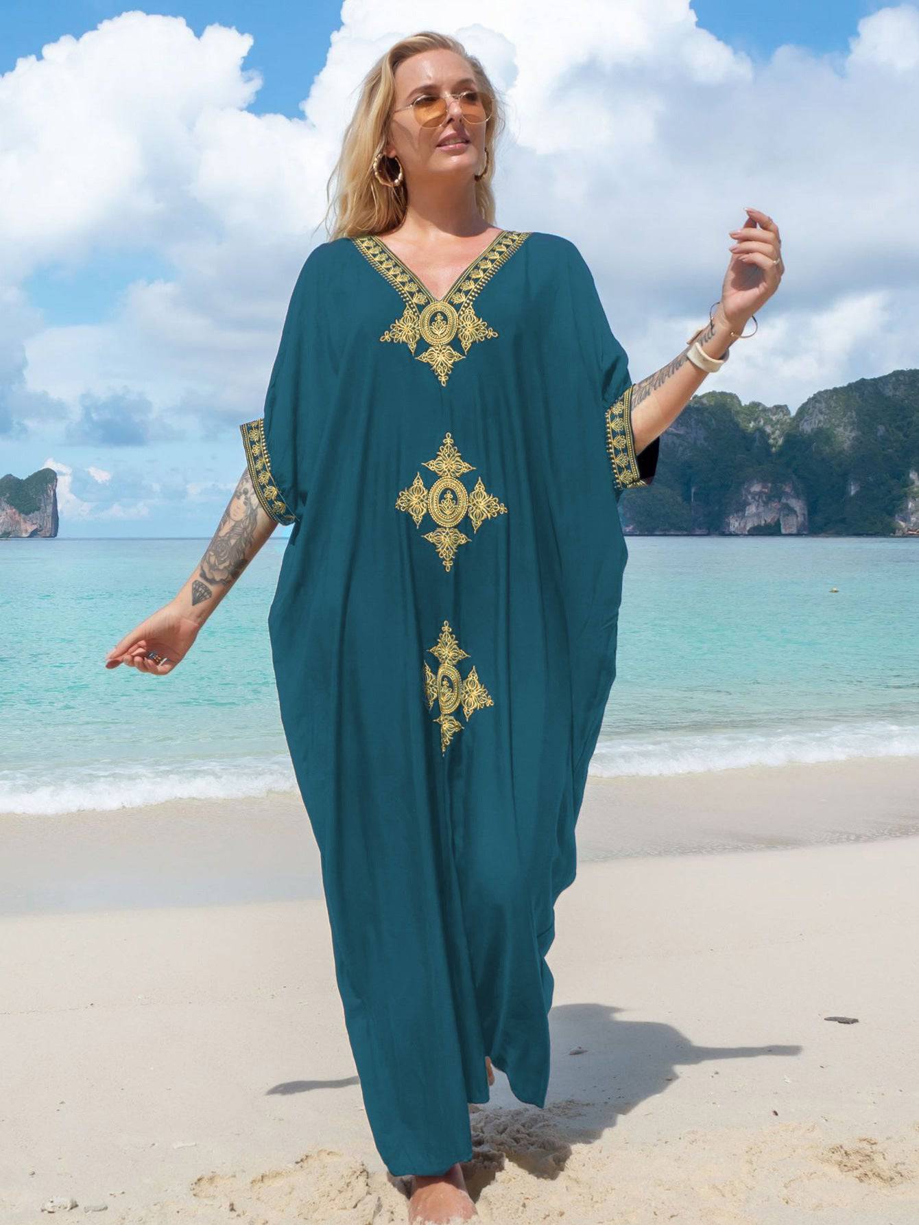 Glamorous Rayon Gold Thread Embroidery Beach Cover Up  One Size Hole Blue 