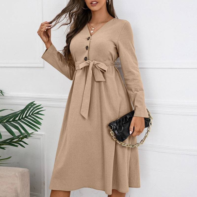 Elegant V-Neck A-Line Dress with Bow Bandage Waist  S Khaki 