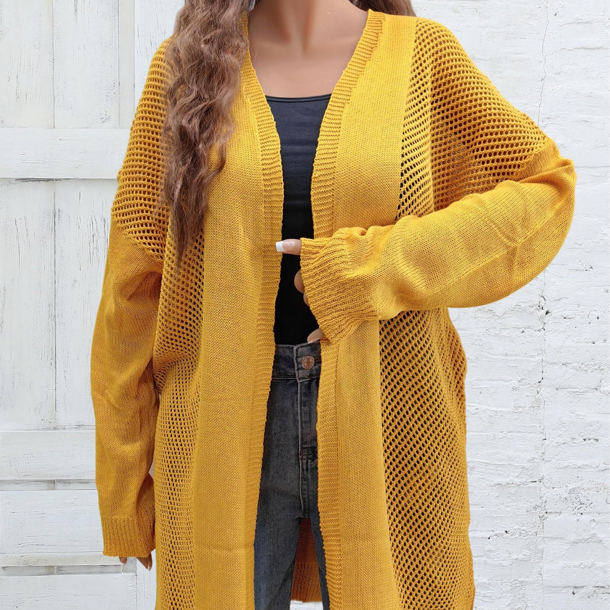 Plus Size Women Clothes Hollow Out Cutout Woven Coat Long Casual Outer Wear Cardigan Air Conditioning Shirt - Wild Amber Fashion