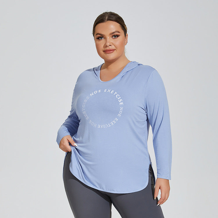 Printed Logo Sports Long Sleeve Hooded Top for Plus Size Women  1XL Hail Blue 