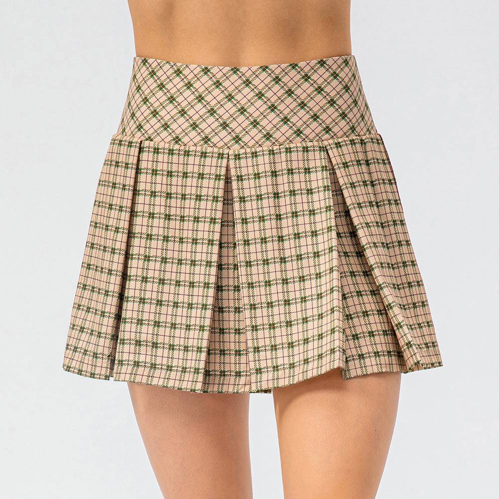 Spring Summer Plaid Athletic Skirt with Faux Two-Piece Design  4/S Pink Plaid 