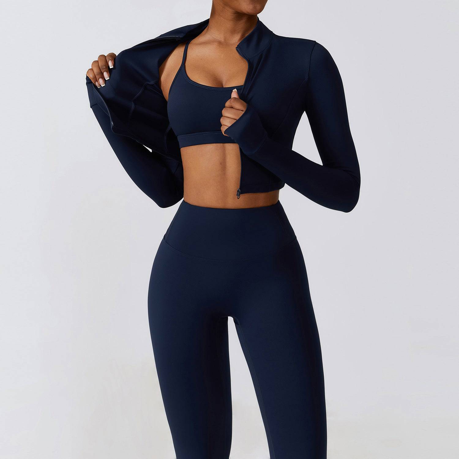 Elevate Your Active Style Three Piece Yoga Set  S Bra Coat Trousers Badge Blue 