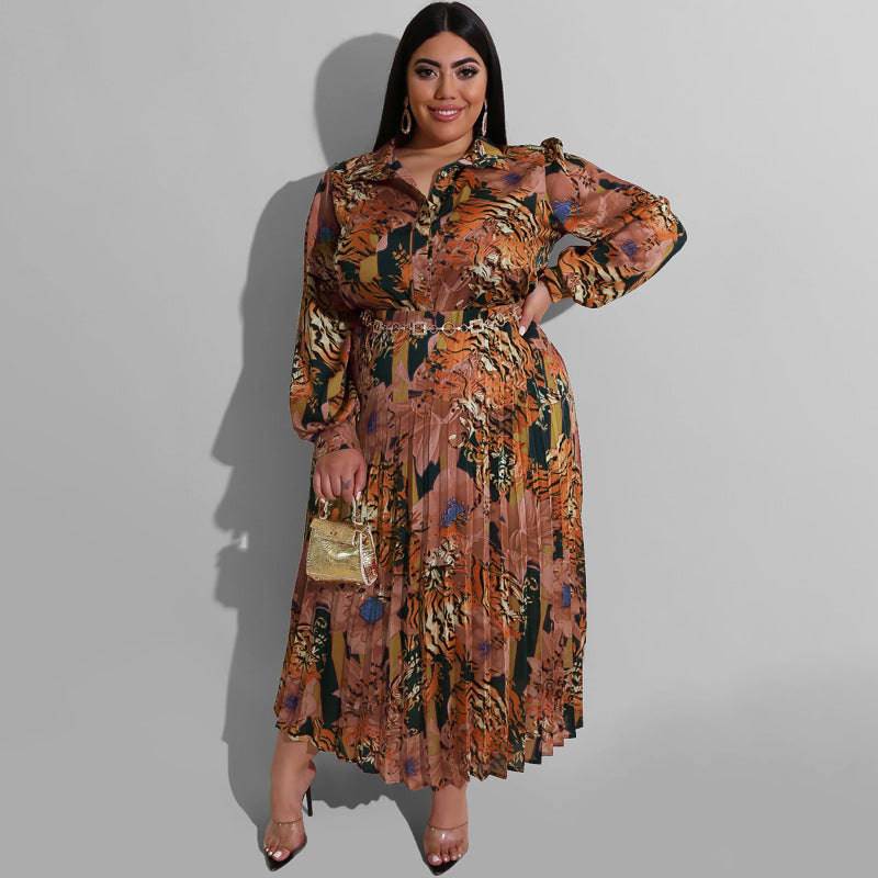 Elegant Plus Size Autumn Winter Printed Maxi Dress  1XL Red Brown 