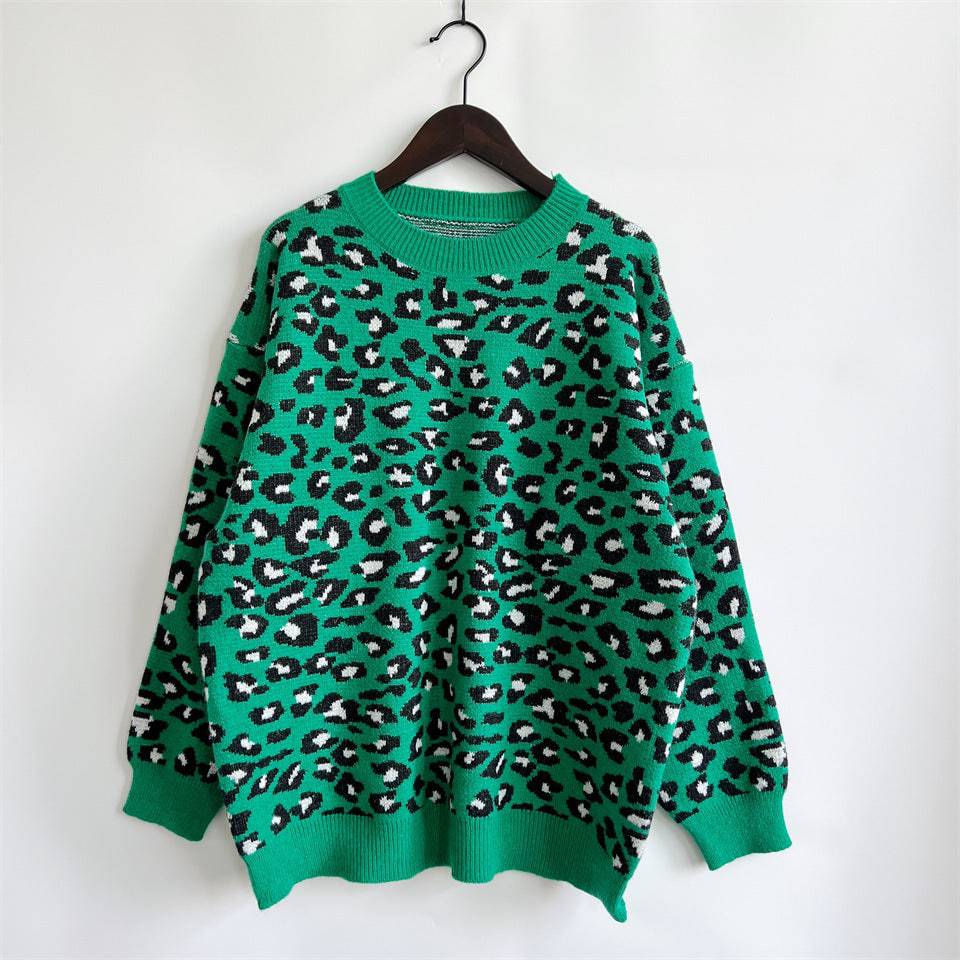 Leopard Print Sweater for Stylish Fall and Winter Casual Outfits  S Green and White 