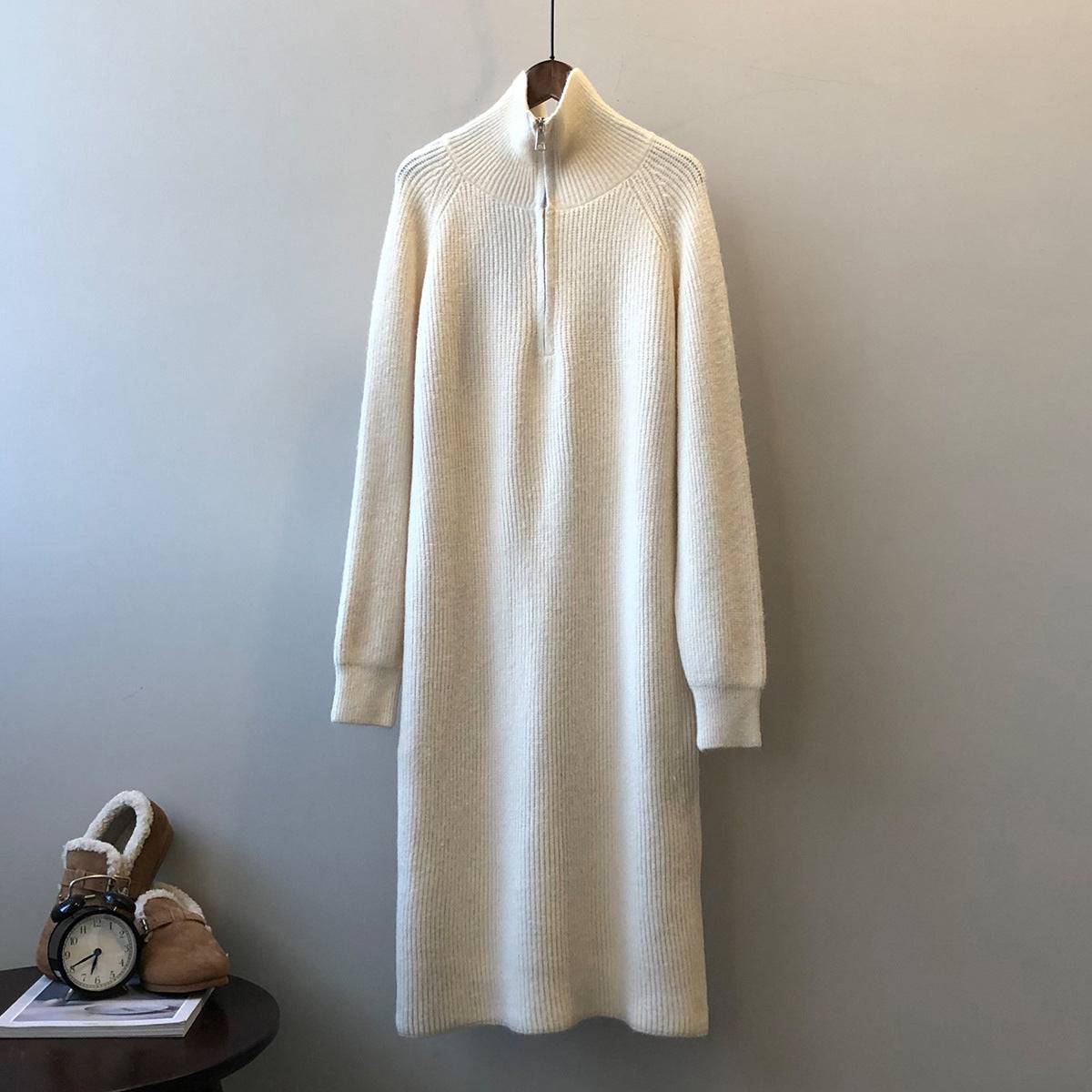 Winter Chic Zippered Knit Dress with Long Sleeves  One Size Ivory 