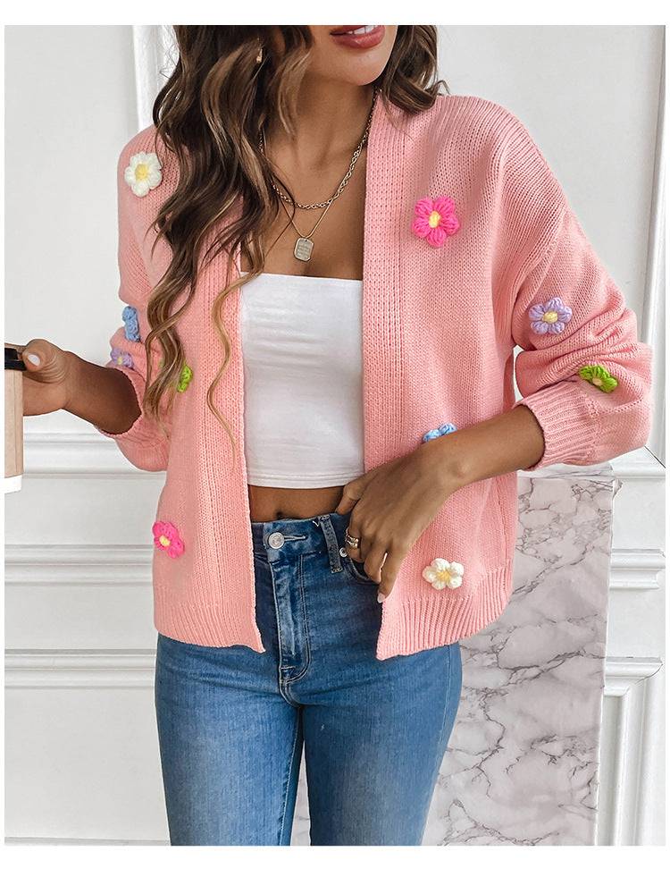 Floral Knitted Cardigan Sweater Coat for Casual Comfort  S Pink Knitted Sweater Coat 