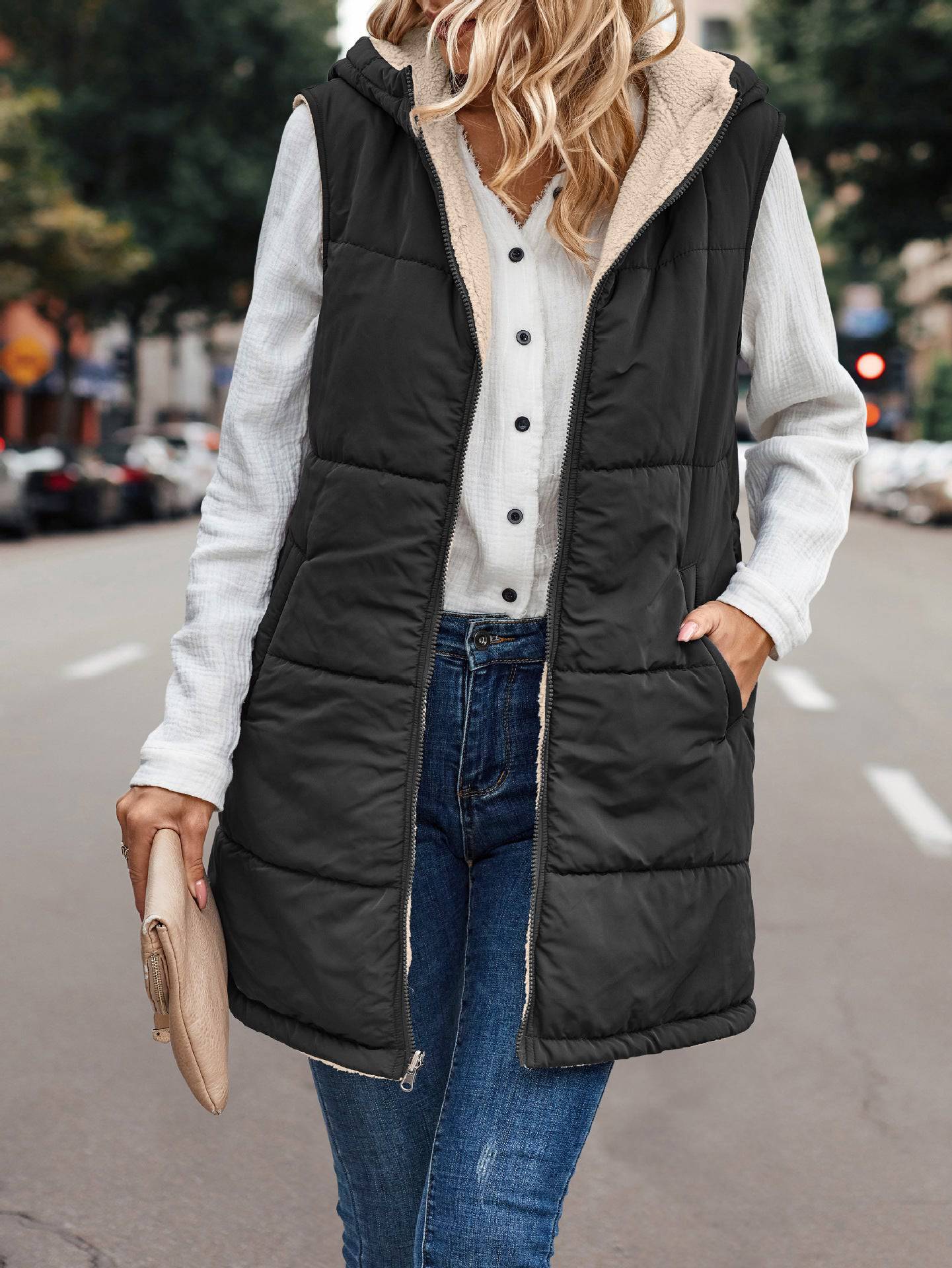 Simple Stitching Plush Double Sided Women's Hooded Vest with Zipper  S Black 