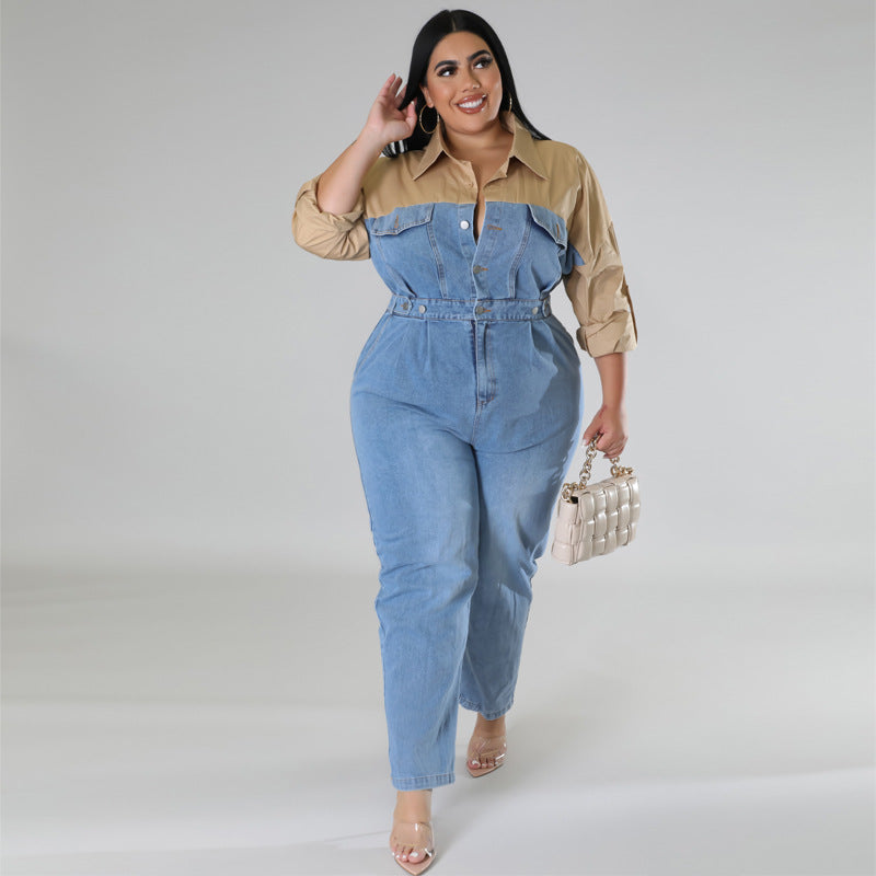 Plus Size Women Clothes Denim Contrast Color Jumpsuit - Wild Amber Fashion