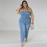 Plus Size Women Clothes Denim Contrast Color Jumpsuit - Wild Amber Fashion