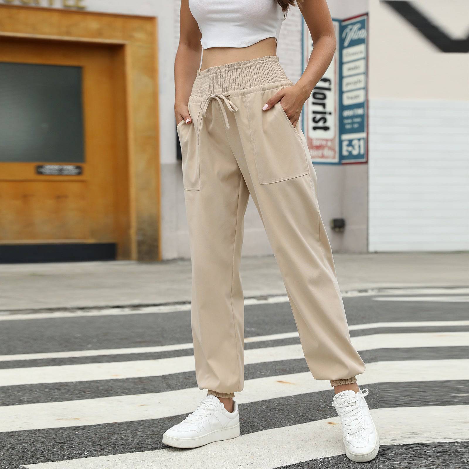 Trendy High Waist Lace-Up Casual Pants with Elastic Ankle Bands  S Khaki 