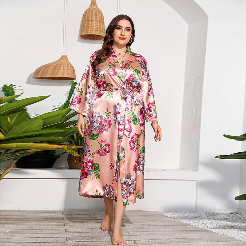 Plus Size Women Artificial Silk Satin Long Sleeved Pajamas Plump Girls Wearable Home - Wild Amber Fashion