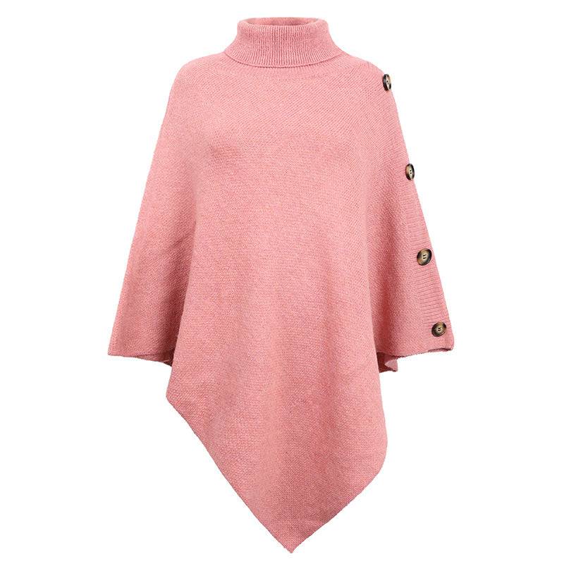 Trendy High Neck Solid Color Cape Sweater  One Size Pink 