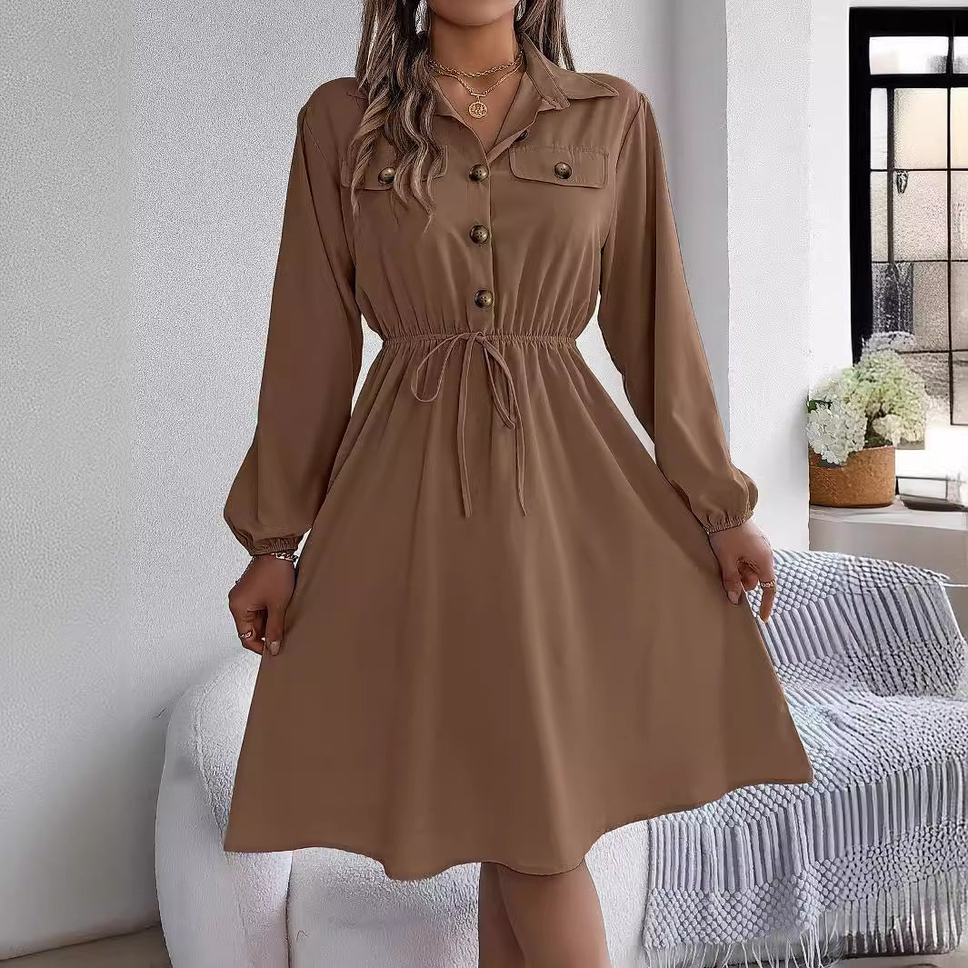 Real Shot Autumn Winter Casual Button Lace up Waist Controlled Long Sleeves Shirt Dress Women Clothing - Wild Amber Fashion