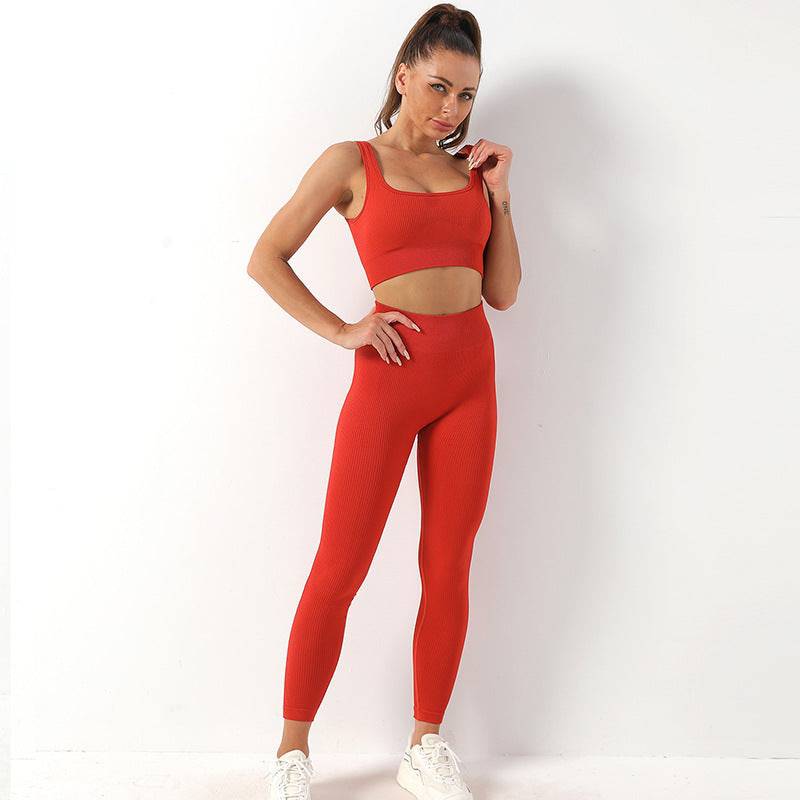 Ultimate Comfort Seamless Yoga Set with Shockproof Sports Bra and High-Rise Fitness Trousers  S Orange Strap Bra Trousers 