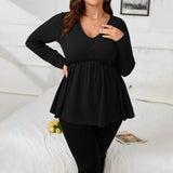 Plus Size Women V neck Long Sleeved T shirt Autumn Winter Elegant Fashionable All Match Slim Top for Women - Wild Amber Fashion