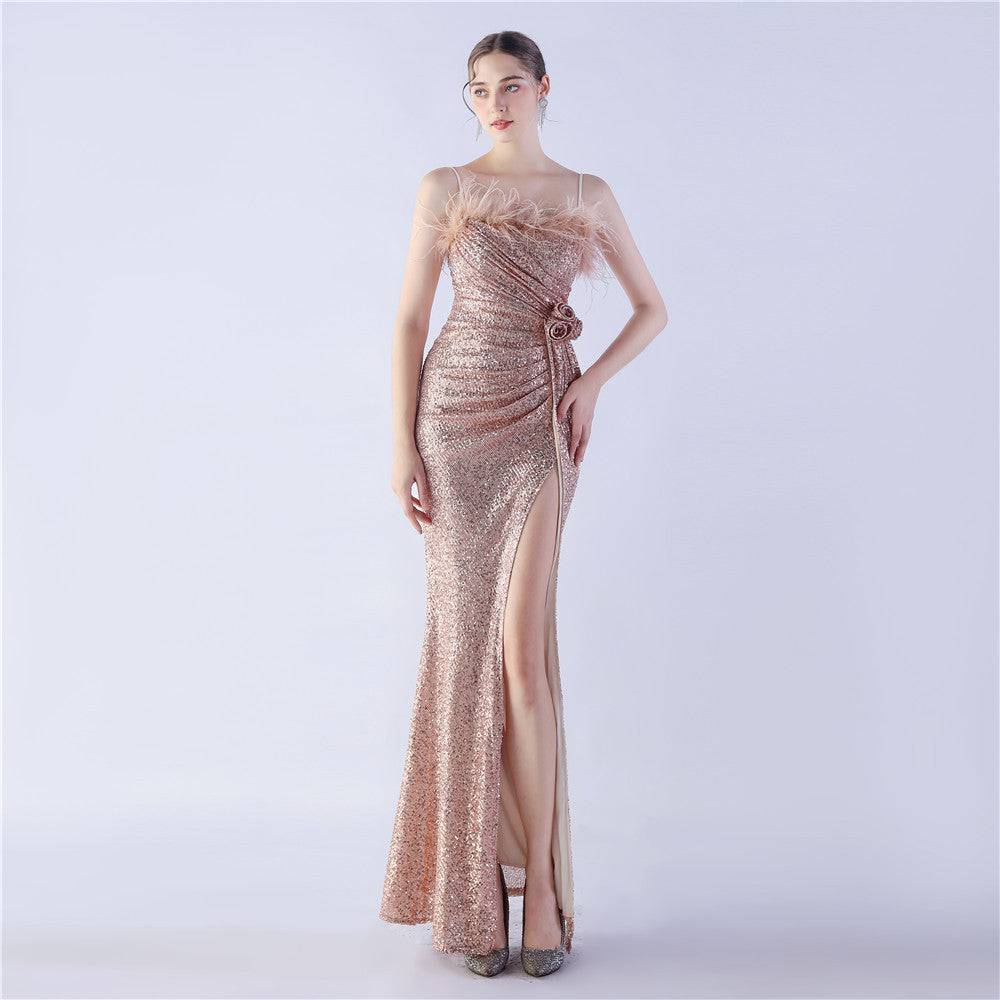 Exquisite Ostrich Feather Decorated Floral Evening Dress  S Gold 