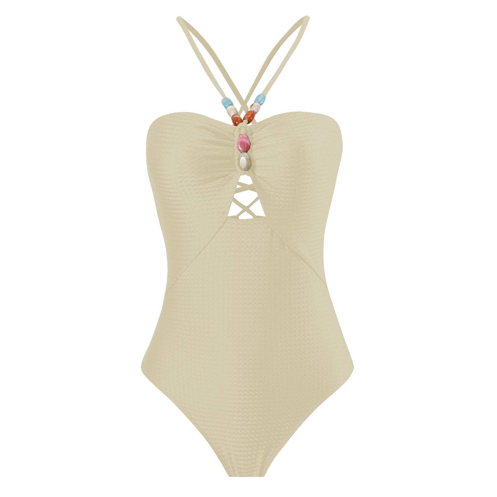 French Retro Boho One-Piece Swimsuit with Belly Coverage for Women  S Milky White Swimsuit 