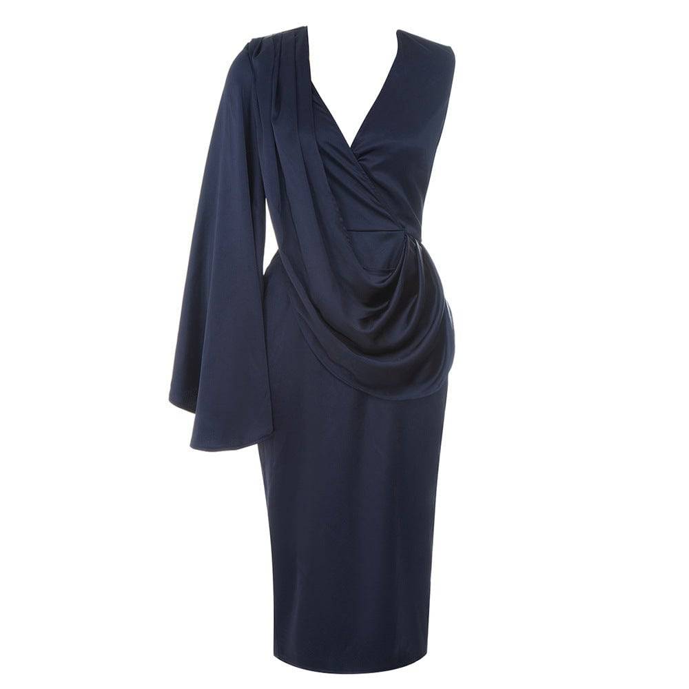 Elegant One Shoulder Retro Dress for Women with Deep V Plunge  XS Navy Blue 