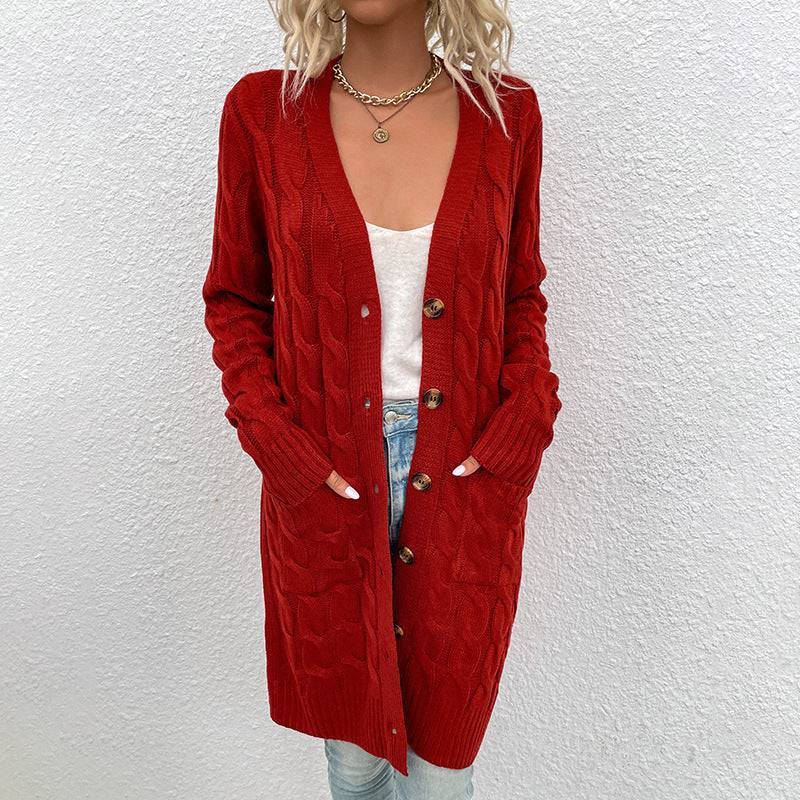 Knitwear Autumn Winter Long Cable-Knit Sweater Women Button Cardigan  S Rust Red 