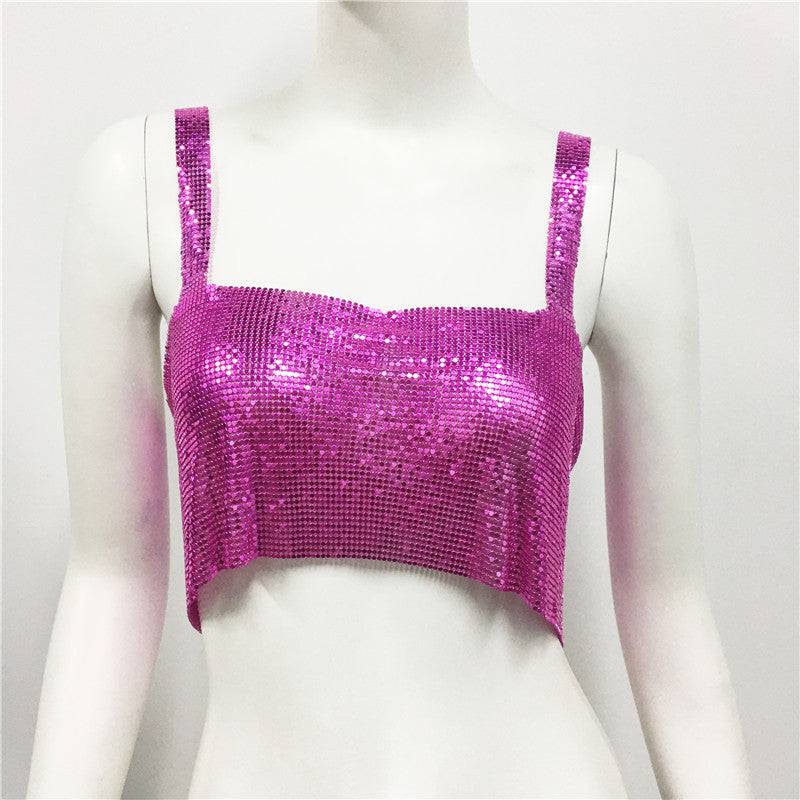 Seductive Metal Sequin Crop Top for Glamorous Nights Out  One Size Coral Red 